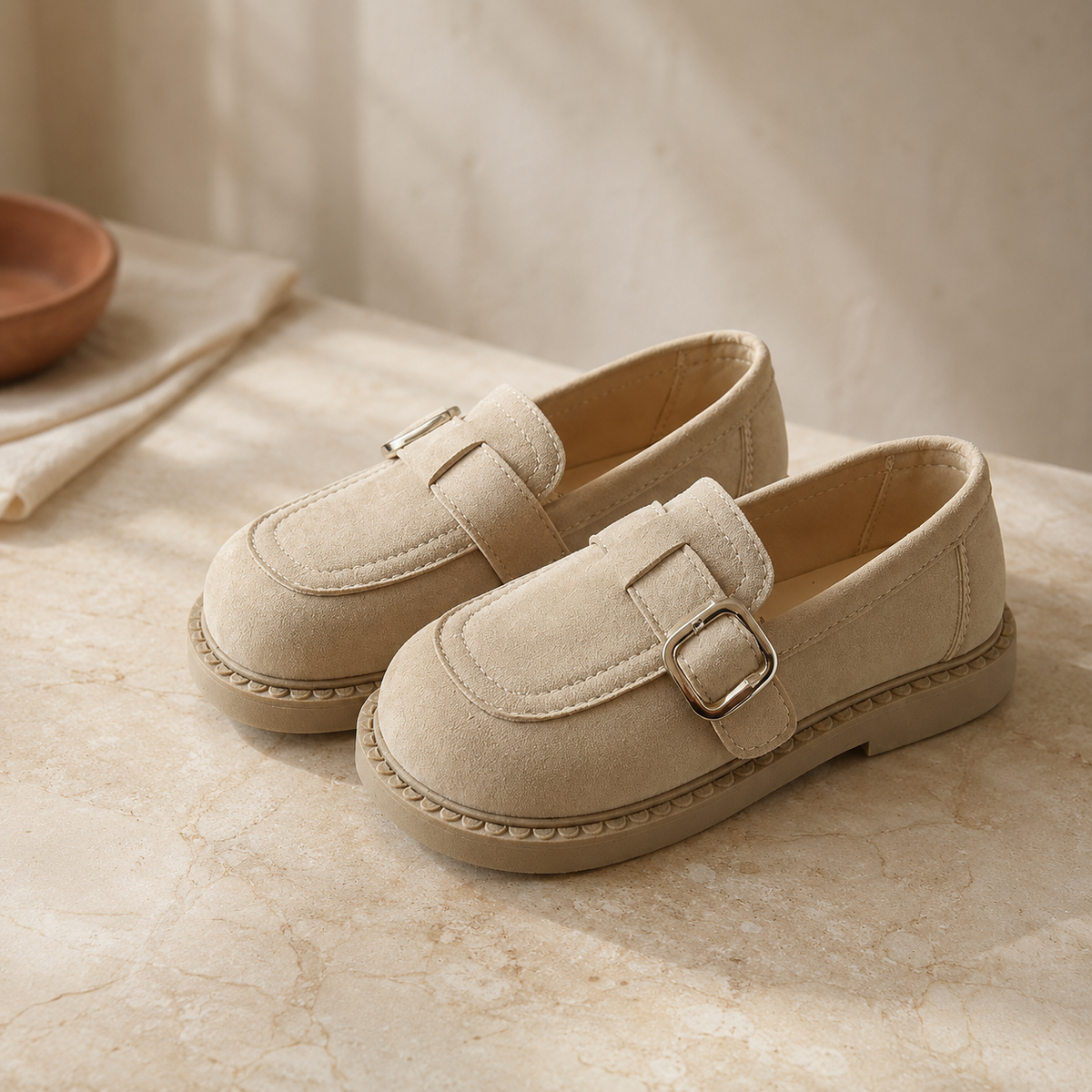 Girls Suede Loafers Buckle Strap