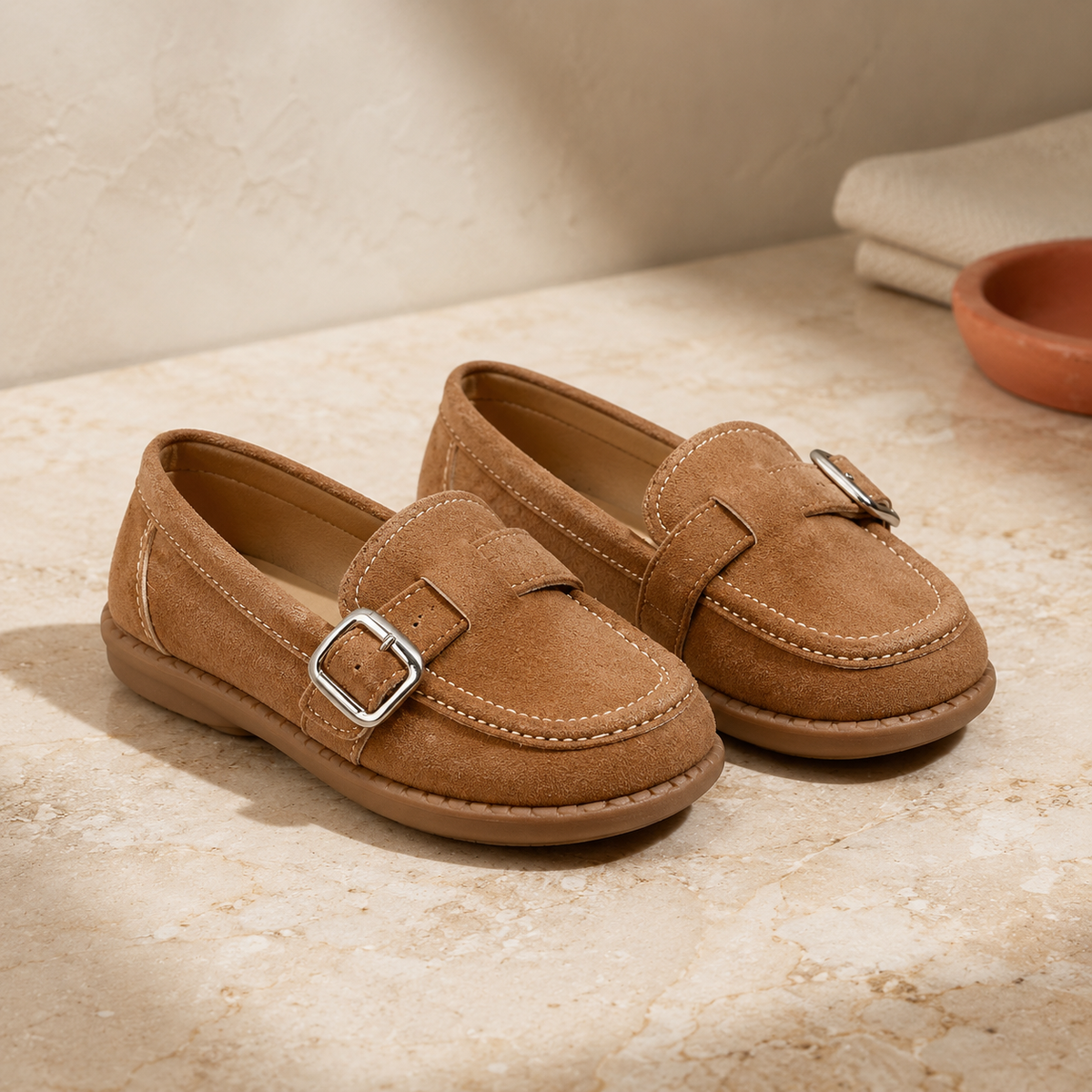 Girls Suede Loafers Buckle Strap