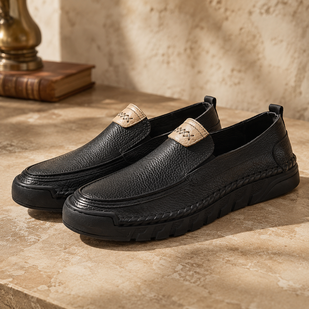 CORBIN — Black Leather Slip-Ons